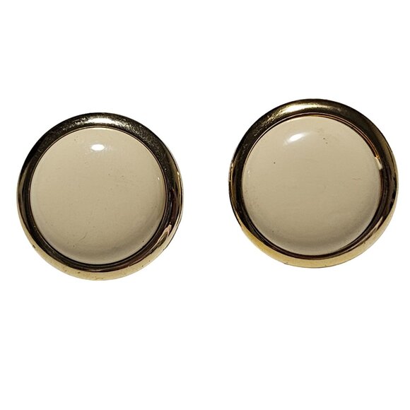 Vintage Gold Tone Cream Round Earrings Retro 50s 60s Fashion Jewelry Women - Picture 1 of 4